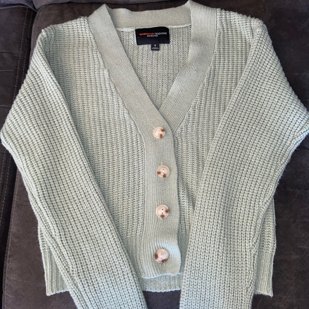Cropped Seafoam Green Ambiance Apparel Sweater Knit Cardigan